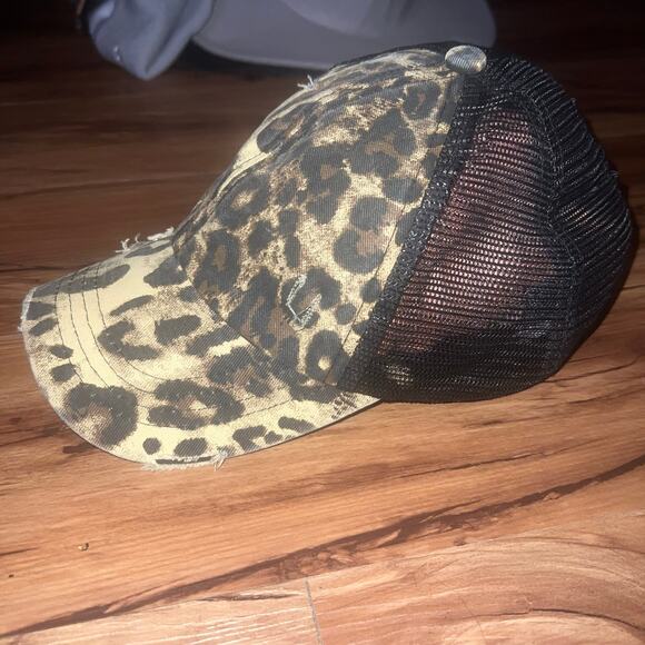 C.C. Leopard Print Trucker Hat Crisscross Ponytail Distressed Mesh Back Cap - Picture 9 of 9